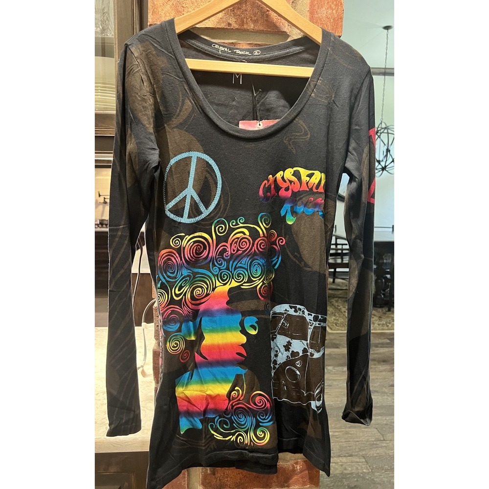 NWT Crystal Rock Christian Audigier Long Sleeve T Shirt Free Spirit Black M